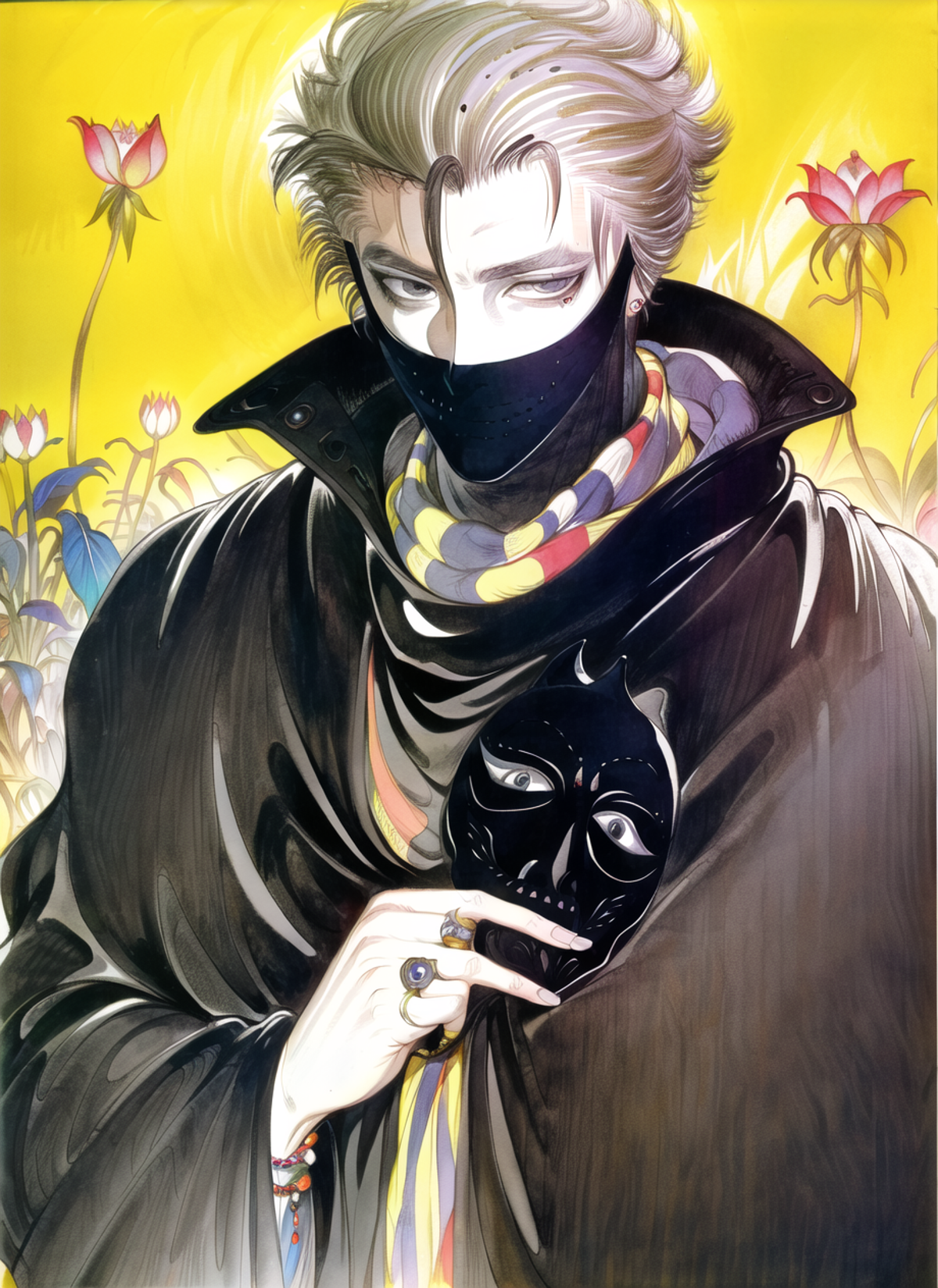amano yoshitaka,
1boy, beads, black cloak, cloak, cover, cover page, covered mouth, flower, grey eyes, hair slicked back, ...
